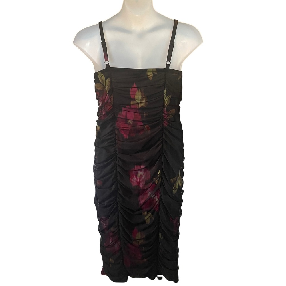 Womens Dark Floral Fairy Whimsigoth Midi Dress Mesh Ruched Bodycon Black Size 3X - Picture 2 of 11